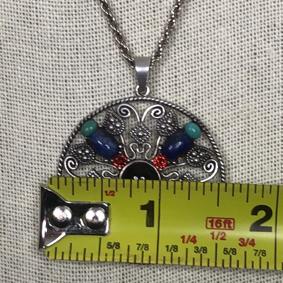 Sterling Silver Turquoise Garnet Onyx Lapis Marcasite Pendant and Rope Necklace - Picture 9 of 13